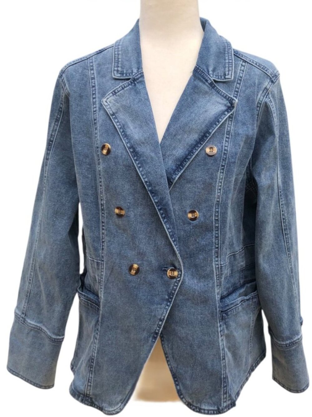 ALEGRA K Double Breasted Notched Lapel Structured Light Blue Denim Jacket Sz XL - Picture 3 of 7